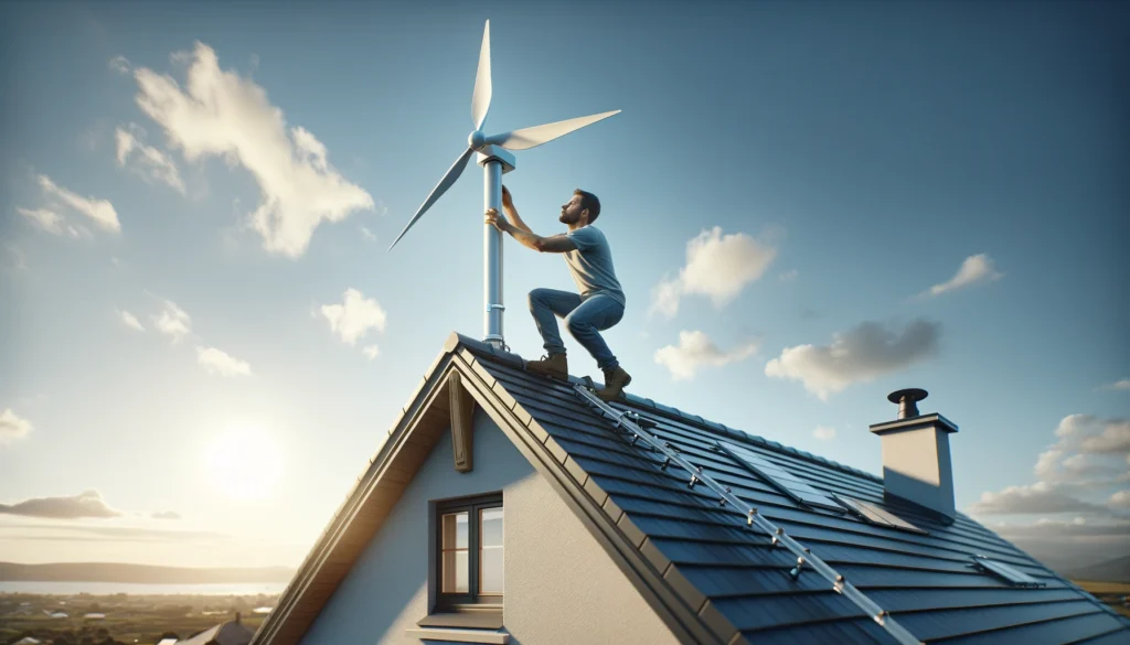 A man installing a small wind turbine on the roof of a house on a clear sunny day with a blue sky in the background. The scene is set in a residenti