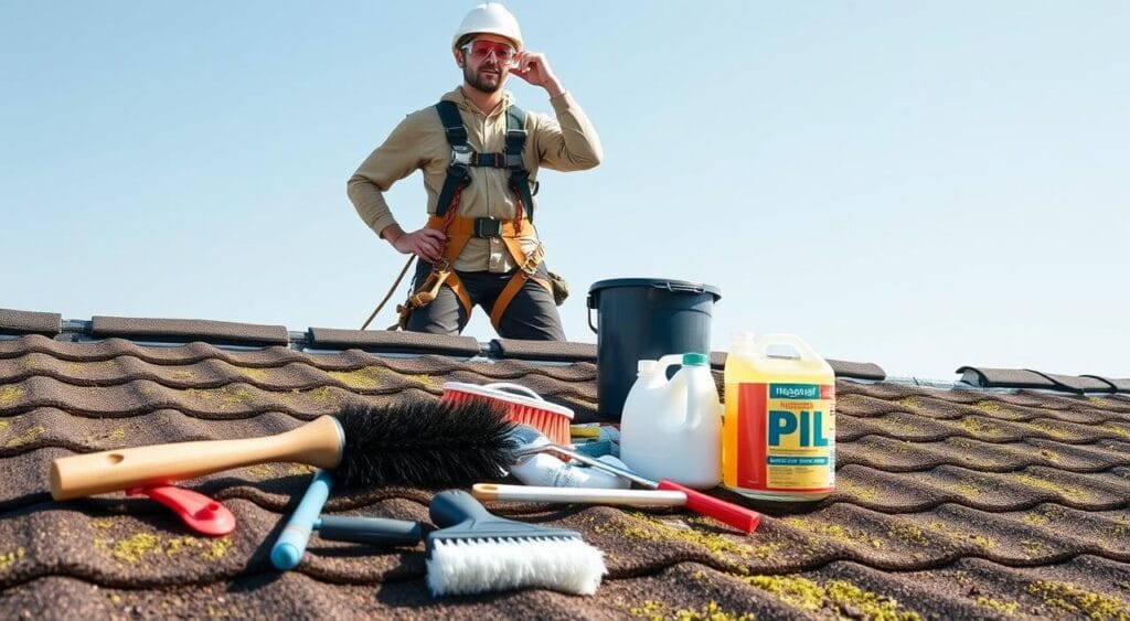 A well-equipped worker standing on a roof, wearing a safety harness, hard hat, and protective goggles. In the foreground, various roofing cleaning tools and supplies are neatly arranged, including a long-handled scrub brush, a bucket, and cleaning solutions. The middle ground features the textured surface of the roof, with moss and debris visible. The background is a clear, bright sky, casting a natural, diffused light across the scene, emphasizing the importance of safety and proper equipment when maintaining and cleaning rooftops. 2