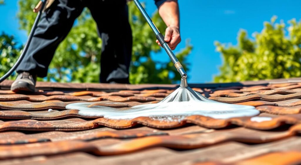 A close-up shot of a worker applying a cleaning solution to a residential roof, with a backdrop of a clear blue sky and surrounding trees. The worker's hands are diligently scrubbing the tiles, showcasing the effective cleaning methods used to maintain a clean and well-preserved roof. The lighting is natural, with soft shadows highlighting the textures of the roofing materials. The overall scene conveys a sense of professionalism and attention to detail in the roof cleaning process, aligning with the section's focus on "Méthodes d'application et avantages du nettoyage". A close-up shot of a worker applying a cleaning solution to a residential roof, with a backdrop of a clear blue sky and surrounding trees. The worker's hands are diligently scrubbing the tiles, showcasing the effective cleaning methods used to maintain a clean and well-preserved roof. The lighting is natural, with soft shadows highlighting the textures of the roofing materials. The overall scene conveys a sense of professionalism and attention to detail in the roof cleaning process, aligning with the section's focus on "Méthodes d'application et avantages du nettoyage".