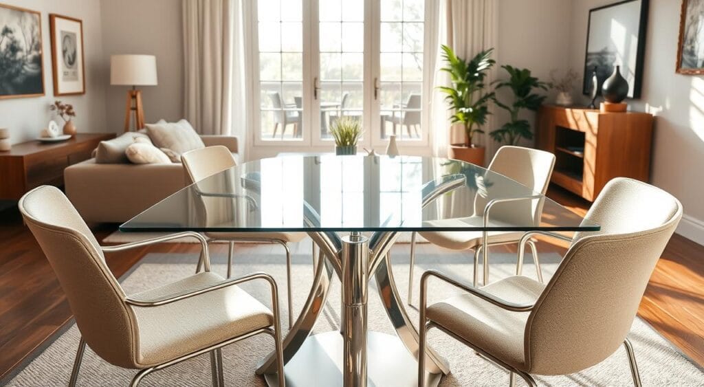 Les produits Beliani les plus populaires pour votre Intérieur 3 A contemporary glass-topped table with sleek, minimalist chairs set against a warm, inviting living room interior. The table's tempered glass surface reflects the natural light flooding through the large windows, creating a sense of lightness and airiness. The chairs, upholstered in a soft, neutral fabric, are arranged in a conversational grouping, inviting guests to gather and linger. Subtle wall art and potted plants add touches of organic warmth, while the overall scene conveys a serene, sophisticated atmosphere perfect for a stylish living space.