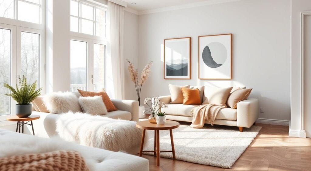 NordicNest : Le guide ultime pour faire les meilleurs choix 5 A cozy Scandinavian-inspired living room, with natural light flooding in through large windows. Soft textures and earthy tones predominate - fluffy throw pillows, a plush area rug, and a modern yet classic sofa. Framed artwork adorns the walls, complementing the sleek, minimalist decor. In the foreground, a small side table holds a potted plant and a few carefully curated decorative items. The overall atmosphere is one of calm serenity and sophisticated simplicity, inviting viewers to imagine themselves relaxing in this tranquil space.