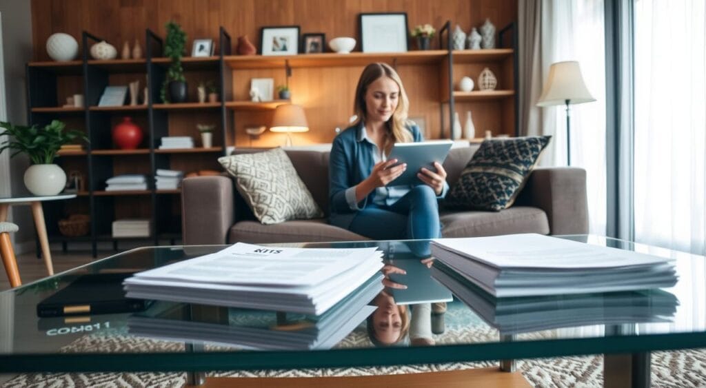 Homary : Votre partenaire pour des services complets 4 A cozy home office with a sleek glass-topped coffee table in the foreground, showcasing an open laptop and a neatly arranged stack of papers. In the middle ground, a customer service agent is intently reviewing order details on a tablet, while the background features a warm, well-lit space with wooden accents and shelves displaying various home decor items. The overall scene conveys a sense of efficiency, attention to detail, and a commitment to providing exceptional customer service in the process of order fulfillment and tracking.