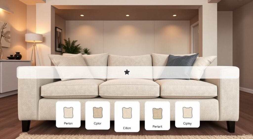 Bestmobilier : Mon Avis sur les Meilleurs Produits pour votre Intérieur 3 A cozy living room with a customizable sofa from Bestmobilier, showcasing its various upholstery and cushion options. The sofa is positioned prominently in the middle ground, with a warm and inviting atmosphere created by soft lighting and a neutral color palette. The background features a minimalist interior design, allowing the personalized sofa to take center stage. The camera angle is slightly elevated, providing a clear view of the sofa's features and the range of customization possibilities. The overall scene conveys a sense of comfort, style, and the ability to tailor the furniture to one's personal preferences.