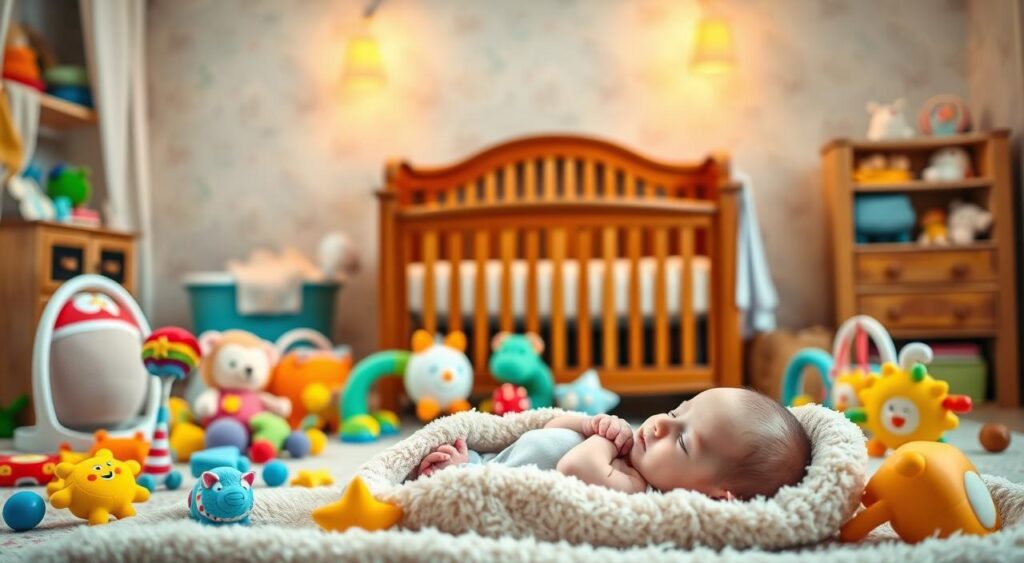 Madeinbebe : Test et Avis sur les Produits pour Bébés 5 A cozy nursery scene with a vibrant, cheerful atmosphere. In the foreground, a newborn baby nestled in a soft, plush blanket, surrounded by an assortment of colorful, high-quality baby toys and essentials. In the middle ground, a beautifully crafted wooden crib and dresser, bathed in warm, gentle lighting. The background features a soothing, neutral-toned wall, accented with subtle, whimsical wallpaper patterns. The overall composition emphasizes the care and attention to detail in the products, creating a sense of comfort and security for the baby.