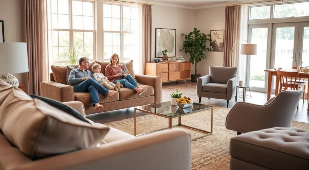 Homary : Votre partenaire pour des services complets 5 A cozy, well-lit living room showcasing a variety of furniture pieces from Homary. In the foreground, a family lounging comfortably on a plush, modern sofa, highlighting the quality and comfort of Homary's products. In the middle ground, a stylish armchair and an elegant coffee table stand in perfect harmony, demonstrating Homary's attention to detail and design. The background features a warm, inviting atmosphere with natural light filtering through large windows, creating a serene and welcoming ambiance. The overall scene conveys a sense of relaxation and satisfaction, reflecting the positive customer experience that Homary strives to provide.