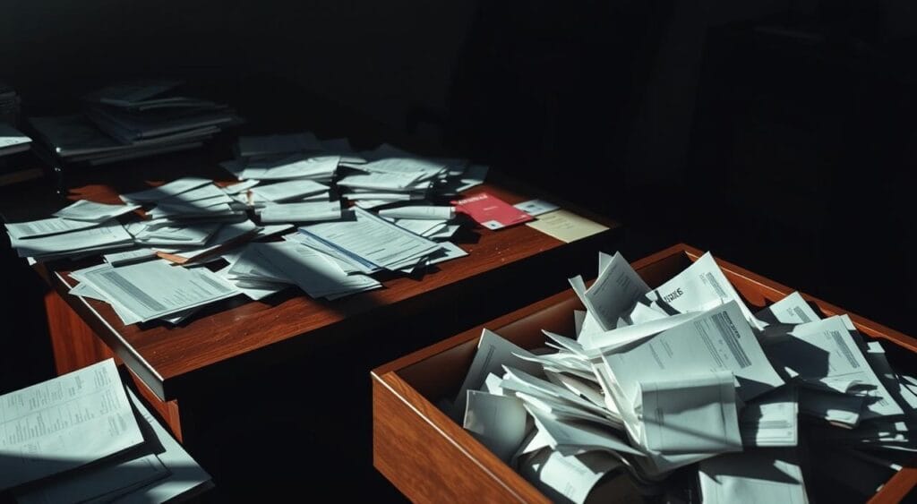 A dimly lit office space, the surface of a cluttered wooden desk littered with a jumble of customer invoices, receipts, and other paperwork. In the foreground, an open desk drawer spills its contents, highlighting the frustration and disorganization experienced by customers dealing with this company's problematic filing system. The lighting casts long shadows, creating a tense and overwhelming atmosphere. The frame is slightly askew, emphasizing the haphazard nature of the scene. The overall composition conveys the critical issues faced by clients attempting to resolve their problems with this business. A dimly lit office space, the surface of a cluttered wooden desk littered with a jumble of customer invoices, receipts, and other paperwork. In the foreground, an open desk drawer spills its contents, highlighting the frustration and disorganization experienced by customers dealing with this company's problematic filing system. The lighting casts long shadows, creating a tense and overwhelming atmosphere. The frame is slightly askew, emphasizing the haphazard nature of the scene. The overall composition conveys the critical issues faced by clients attempting to resolve their problems with this business.