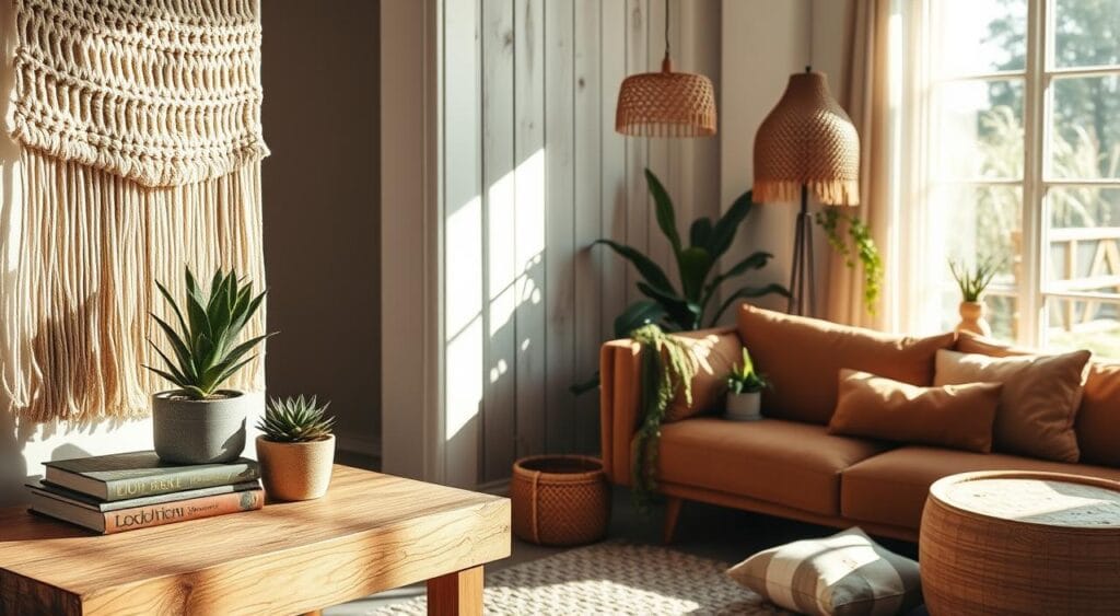 Les produits Beliani les plus populaires pour votre Intérieur 4 A dreamy, sun-dappled scene of modern boho decor. In the foreground, a woven macrame wall hanging casts playful shadows across a rustic wood side table, topped with a potted succulent and an artfully arranged stack of glossy coffee table books. Midground, a plush velvet sofa in a muted earth tone invites relaxation, flanked by a rattan floor lamp and a leafy, trailing plant. In the background, whitewashed wood paneling and a large window let in warm natural light, illuminating the eclectic mix of materials - wicker, stone, and rich textiles. An overall sense of laid-back sophistication and effortless style.