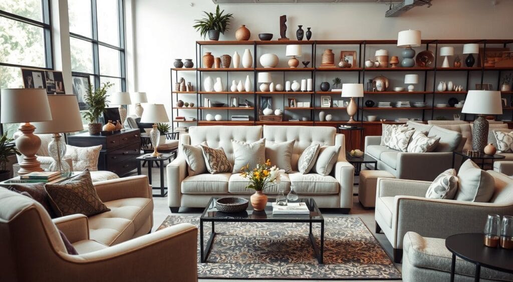 Bestmobilier : Mon Avis sur les Meilleurs Produits pour votre Intérieur 5 A high-quality showroom displaying an assortment of furniture from various home decor brands. The foreground showcases an elegant sofa, armchair, and coffee table in a neutral color palette, arranged harmoniously. The middle ground features shelves with a diverse collection of lamps, vases, and decorative accessories. The background depicts large windows allowing natural light to flood the space, creating a warm and inviting ambiance. The lighting is soft and diffused, highlighting the textures and craftsmanship of the furniture pieces. The camera angle is slightly elevated, providing a comprehensive view of the well-curated showroom. The overall scene conveys a sense of sophistication, comfort, and the ability to compare different furniture options side-by-side.