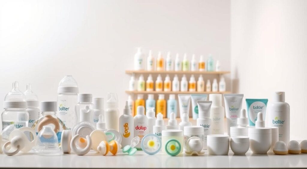 Madeinbebe : Test et Avis sur les Produits pour Bébés 4 A high-quality studio photograph of a comparative product display for baby products. The foreground features a meticulously arranged array of baby bottles, pacifiers, and other feeding accessories, all captured in sharp focus against a softly blurred, pristine white background. The middle ground showcases various baby skincare items like lotions and creams, neatly organized in a grid-like pattern. The background subtly implies an upscale, minimalist retail environment, with gentle shadows and indirect studio lighting creating a sense of sophisticated elegance. The overall scene conveys a sense of thoughtful curation, quality, and attention to detail, suitable for illustrating a comparative review of baby products.