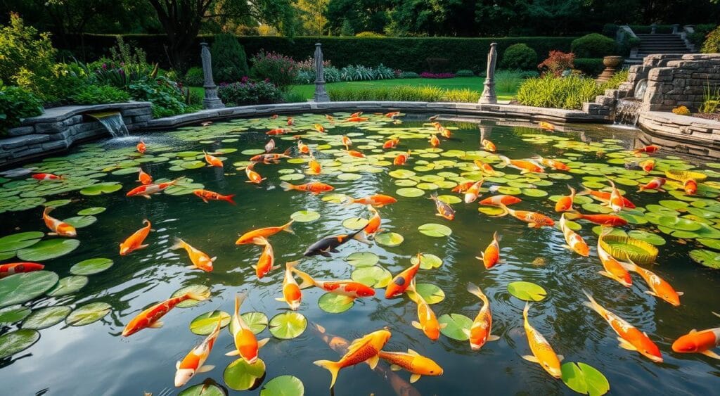 Créer un bassin de jardin: conseils et idées pour un aménagement réussi 3 A lush garden pond teeming with vibrant koi fish swimming gracefully among the aquatic plants. The surface of the water glistens under the warm, soft lighting, creating a serene and tranquil atmosphere. In the foreground, colorful koi in shades of orange, white, and black dart among the lilypads and aquatic flora. The middle ground features a naturalistic stone-lined pond edge with cascading waterfalls. In the background, a verdant garden backdrop frames the scene, with trees and shrubs providing a verdant, natural setting. The overall composition conveys a harmonious balance between the aquatic life and the surrounding garden, evoking a sense of peaceful coexistence.