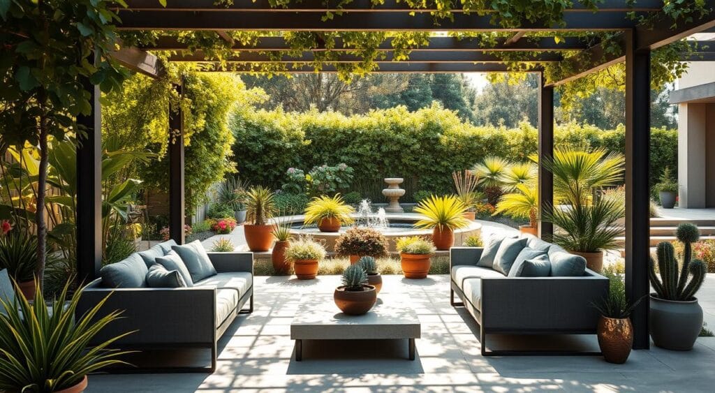 A lush, modular garden salon set against a backdrop of verdant foliage and a sun-dappled patio. In the foreground, a collection of sleek, minimalist outdoor furniture arranged in a cozy conversation area, inviting relaxation. Warm, natural lighting filters through the overhead pergola, casting a soft glow on the scene. The mid-ground features a variety of potted plants and decorative garden accents, adding pops of color and texture. In the distance, a tranquil water feature gently bubbles, creating a soothing ambiance. The overall atmosphere evokes a sense of harmony, where nature and modern design seamlessly intersect to craft an inspiring outdoor living space. A lush, modular garden salon set against a backdrop of verdant foliage and a sun-dappled patio. In the foreground, a collection of sleek, minimalist outdoor furniture arranged in a cozy conversation area, inviting relaxation. Warm, natural lighting filters through the overhead pergola, casting a soft glow on the scene. The mid-ground features a variety of potted plants and decorative garden accents, adding pops of color and texture. In the distance, a tranquil water feature gently bubbles, creating a soothing ambiance. The overall atmosphere evokes a sense of harmony, where nature and modern design seamlessly intersect to craft an inspiring outdoor living space.