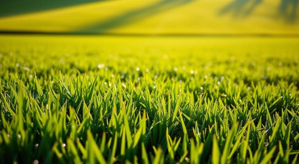 Barenbrug : Les solutions pour un jardinage durable et efficace 3 A lush, verdant sports lawn on a sunny day, with a soft focus on the vibrant, well-manicured grass in the foreground. The blades glisten with morning dew, creating a natural shimmer. In the middle ground, a clearly defined pattern of striped lines runs across the lawn, indicating a recent mowing. Toward the background, the lawn gently slopes, creating a sense of depth and perspective. The lighting is warm and inviting, casting a golden glow over the entire scene. The overall impression is one of a healthy, high-quality turf that would be ideal for sports and recreational activities.