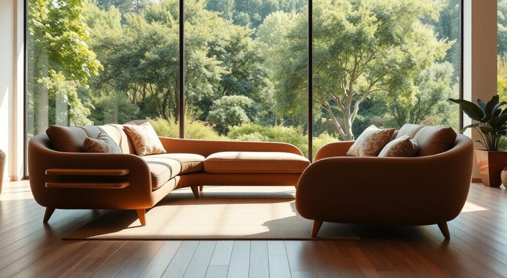 Comprendre le podevache : guide pour les curieux et les professionnels 3 A mid-century modern interior with a sleek, evolving furniture design. A minimalist living room with a curved, modular sofa in a warm wood tone. The sofa's modular pieces can be rearranged to create different seating configurations. In the background, a large picture window overlooks a lush, verdant garden landscape. Soft, natural lighting filters through the window, casting gentle shadows and highlights on the furniture. The room has a serene, harmonious atmosphere that evokes the timeless elegance of Scandinavian design.