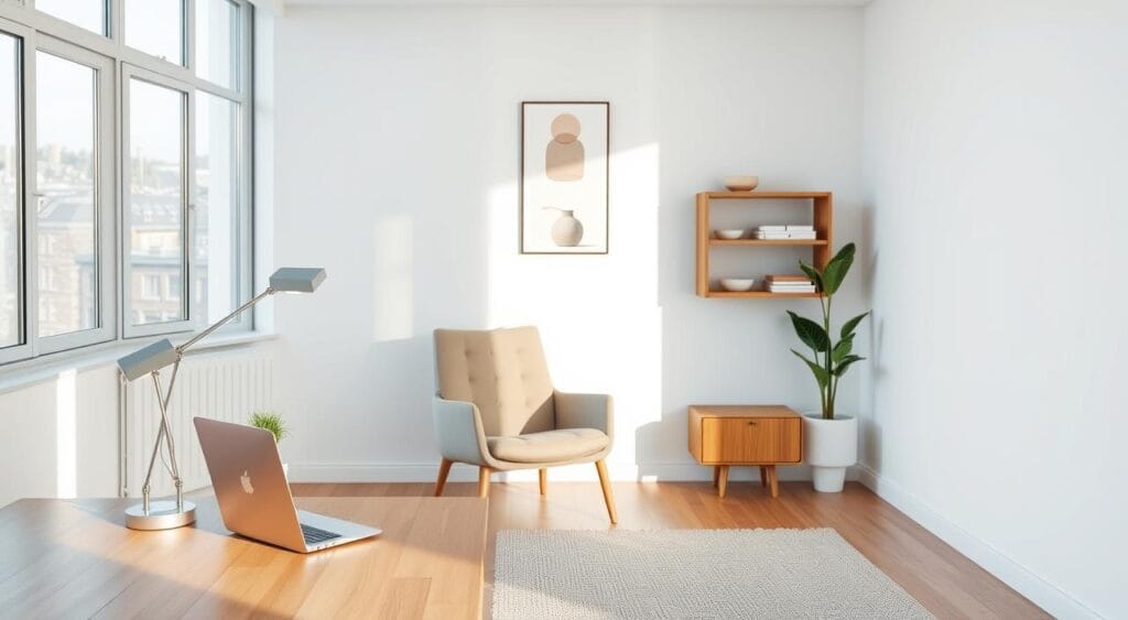 NordicNest : Le guide ultime pour faire les meilleurs choix 3 A minimalist yet functional Scandinavian-inspired workspace, bathed in natural light from large windows. In the foreground, a clean-lined wooden desk with a sleek laptop, a potted plant, and a pair of angular steel desk lamps casting a warm glow. The middle ground features a mid-century modern armchair in a neutral shade, complemented by a geometric rug and a floating wall-mounted shelving unit displaying muted ceramics and books. The background showcases an expansive white wall, with a single piece of abstract art adding a touch of Nordic elegance. The overall scene exudes a sense of calm, efficient productivity, and timeless design.