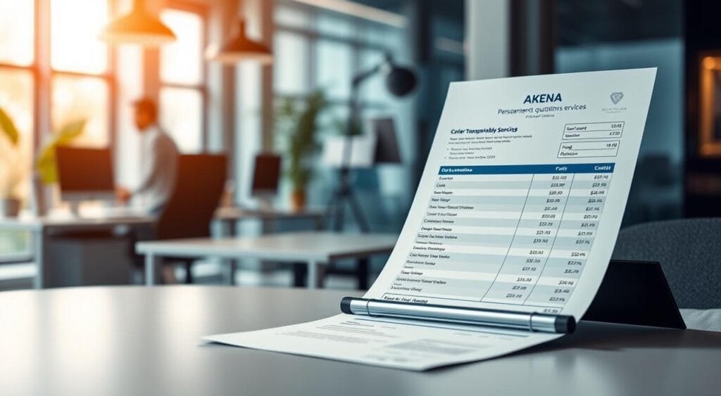 Explorez les possibilités avec les services akena 3 A modern and sleek business document showcasing transparent pricing and customizable services. In the foreground, a high-resolution image of a personalized quotation or estimate, displayed on a minimalist desk or tabletop. The document should exude professionalism and attention to detail, with clean typography and a well-organized layout. The middle ground features a sophisticated office environment, with subtle hints of the Akena brand identity through carefully placed design elements. The background is a softly blurred workspace, conveying a sense of productivity and efficiency. Warm, natural lighting illuminates the scene, creating a welcoming and trustworthy atmosphere.