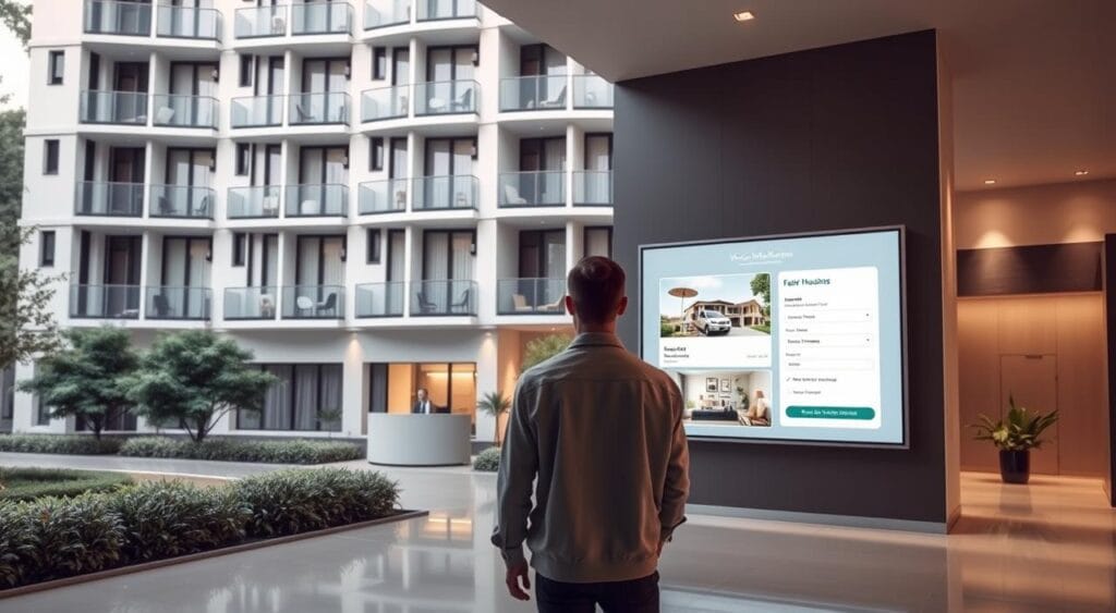 A modern, high-efficiency apartment building with a clean, minimalist exterior, surrounded by verdant landscaping. The lobby features a minimalist reception desk and digital displays showcasing available units and tenant information. In the foreground, a person stands before the digital displays, carefully reviewing housing options and submitting their application through a user-friendly interface. Soft, directional lighting accentuates the sleek, professional atmosphere, conveying a sense of efficiency and accessibility in the social housing management process. The scene captures the seamless integration of technology and streamlined operations, reflecting the ethos of the "AL'in" housing platform. A modern, high-efficiency apartment building with a clean, minimalist exterior, surrounded by verdant landscaping. The lobby features a minimalist reception desk and digital displays showcasing available units and tenant information. In the foreground, a person stands before the digital displays, carefully reviewing housing options and submitting their application through a user-friendly interface. Soft, directional lighting accentuates the sleek, professional atmosphere, conveying a sense of efficiency and accessibility in the social housing management process. The scene captures the seamless integration of technology and streamlined operations, reflecting the ethos of the "AL'in" housing platform.