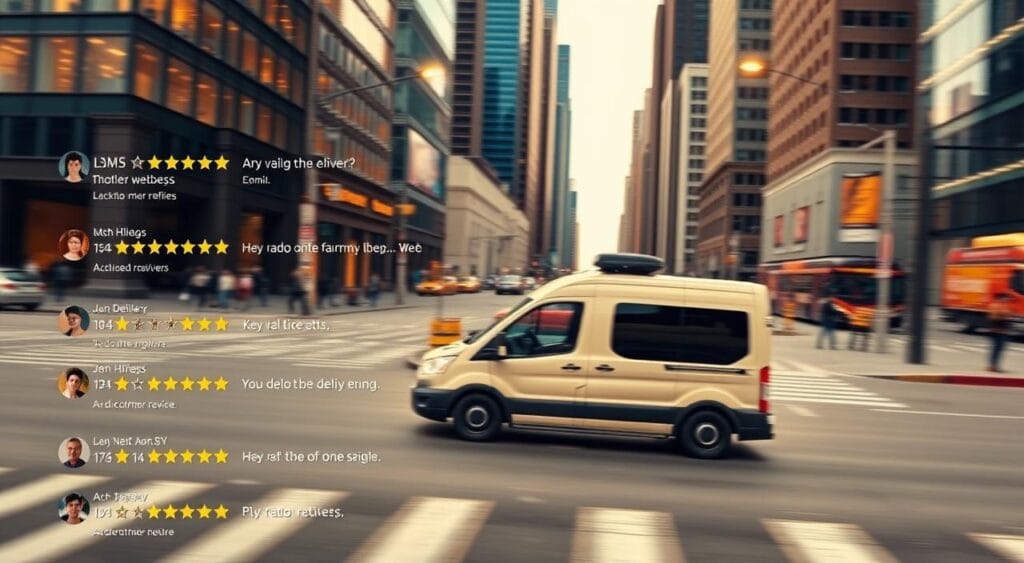 A modern online storefront featuring an array of customer reviews for a fast delivery service. In the foreground, a clean UI showcases positive testimonials and star ratings, with a warm, inviting color palette. In the middle ground, a delivery van speeds down a city street, captured in a dynamic angle that conveys the efficiency of the service. The background depicts a bustling urban landscape, with skyscrapers and pedestrians, suggesting the broad reach and reliability of the delivery network. Soft, directional lighting creates depth and highlights the key elements, while a slightly cinematic lens distortion adds a sense of immersion. The overall mood is one of confidence, trust, and satisfaction in the fast, dependable delivery experience. A modern online storefront featuring an array of customer reviews for a fast delivery service. In the foreground, a clean UI showcases positive testimonials and star ratings, with a warm, inviting color palette. In the middle ground, a delivery van speeds down a city street, captured in a dynamic angle that conveys the efficiency of the service. The background depicts a bustling urban landscape, with skyscrapers and pedestrians, suggesting the broad reach and reliability of the delivery network. Soft, directional lighting creates depth and highlights the key elements, while a slightly cinematic lens distortion adds a sense of immersion. The overall mood is one of confidence, trust, and satisfaction in the fast, dependable delivery experience.