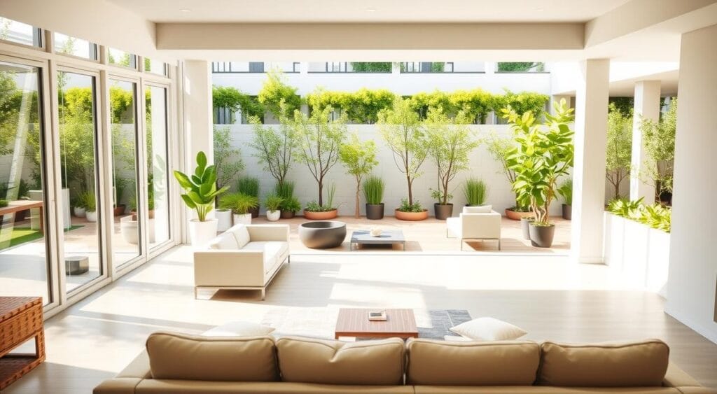 www.arkcity.net : votre hub de ressources 4 A serene and harmonious scene of a modern, sun-drenched apartment overlooking a lush, well-designed courtyard. The foreground features a spacious, open-plan living area with floor-to-ceiling windows, allowing natural light to pour in. The furnishings are minimalist and ergonomic, promoting a sense of well-being. In the middle ground, a private terrace with comfortable seating and potted plants creates a tranquil oasis. The background showcases a verdant courtyard with a contemporary water feature, surrounded by neatly landscaped greenery. The entire scene conveys a balanced, holistic approach to living, where the integration of real estate, health, and wellness is seamlessly achieved.