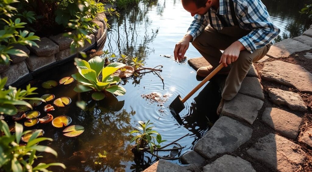 Créer un bassin de jardin: conseils et idées pour un aménagement réussi 5 A serene garden pond nestled amidst lush foliage, the surface gently rippling in the soft afternoon light. A skilled gardener, tools in hand, kneels by the water's edge, meticulously tending to the aquatic plants and clearing away any debris. The scene exudes a sense of tranquility and connection with nature, capturing the essence of maintaining a thriving garden oasis throughout the seasons. Crisp details, natural lighting, and a thoughtful composition create an inviting and realistic depiction of the subject.