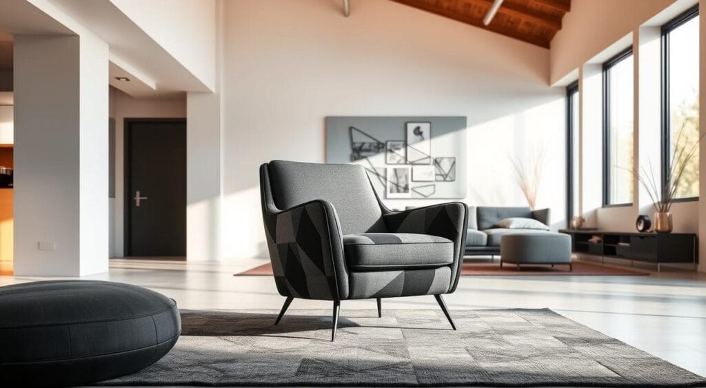 Bestmobilier : Mon Avis sur les Meilleurs Produits pour votre Intérieur 4 A sleek and innovative interior design scene showcasing a modern furniture piece from Bestmobilier. The centerpiece is a stylish, geometric-patterned armchair in a sophisticated color palette of muted grays, blacks, and subtle metallic accents. The chair is positioned in a bright, minimalist living space with large windows letting in warm, natural lighting. The background features clean, angular architectural elements and a subtle, abstract wall decor that complements the chair's modern aesthetic. The overall atmosphere exudes a sense of refined elegance and cutting-edge design, reflecting the expertise and innovative approach of the Bestmobilier designers.