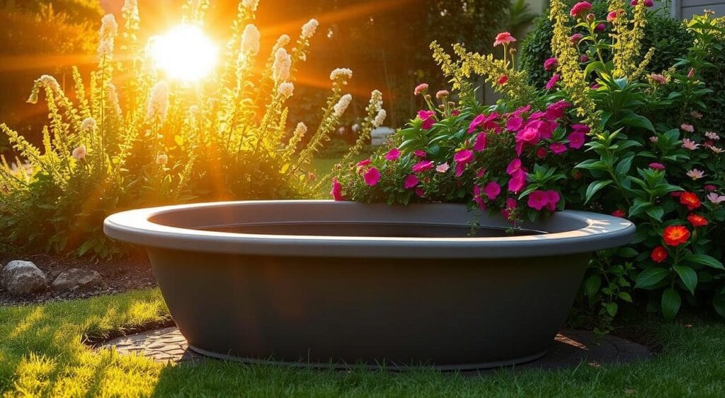 Créer un bassin de jardin: conseils et idées pour un aménagement réussi 4 A sunlit garden scene with a preformed pond basin taking center stage. The basin is rectangular in shape, with smooth, sloping sides and a raised lip around the edge. Lush greenery surrounds the basin, with vibrant flowers and plants cascading over the sides. Warm, soft lighting illuminates the scene, creating a serene and inviting atmosphere. The basin is positioned on a level, well-drained surface, ready for final installation and integration into the overall garden design. The image conveys a sense of tranquility and the natural harmony between the preformed basin and its verdant setting.
