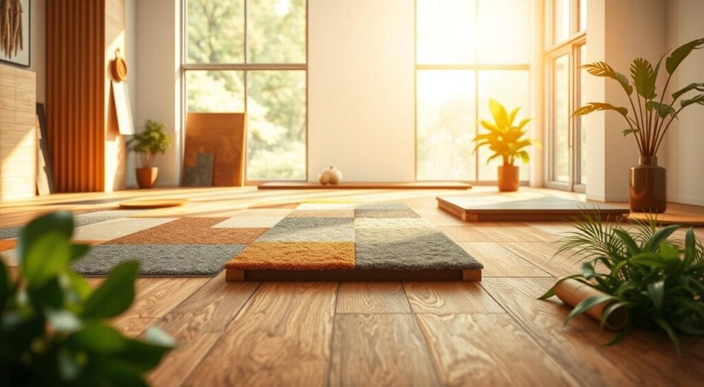 Gerflor France : Votre partenaire pour les revĂȘtements de sol 4 A vibrant, eco-friendly flooring showcase. In the foreground, an array of recyclable, sustainable flooring materials, textures, and patterns artfully displayed against a soft, natural backdrop. The middle ground features a clean, modern space with large windows allowing warm, diffused sunlight to illuminate the scene. In the background, a minimal, nature-inspired motif evokes a sense of environmental consciousness. Careful lighting accentuates the materials' colors and textures, creating a serene, refined atmosphere. Overall, the image conveys Gerflor's commitment to sustainable, responsible flooring solutions.