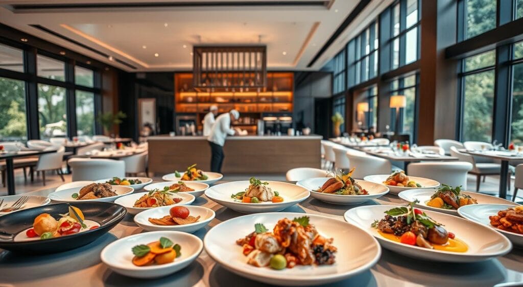 www.arkcity.net : votre hub de ressources 3 A vibrant, modern gastronomic showcase with a sleek, minimalist aesthetic. In the foreground, an assortment of avant-garde dishes meticulously plated, showcasing innovative culinary techniques and flavor combinations. The middle ground features an open kitchen with chefs in pristine white uniforms, skillfully preparing new creations. The background depicts a stylish, well-appointed dining room with floor-to-ceiling windows, allowing natural light to flood the space and create a warm, inviting ambiance. The lighting is soft and diffused, highlighting the textures and colors of the food, while the camera angle captures the dishes from a slight bird's-eye view, emphasizing the artistry and attention to detail. The overall mood is one of cutting-edge innovation, creativity, and a deep appreciation for the culinary arts.