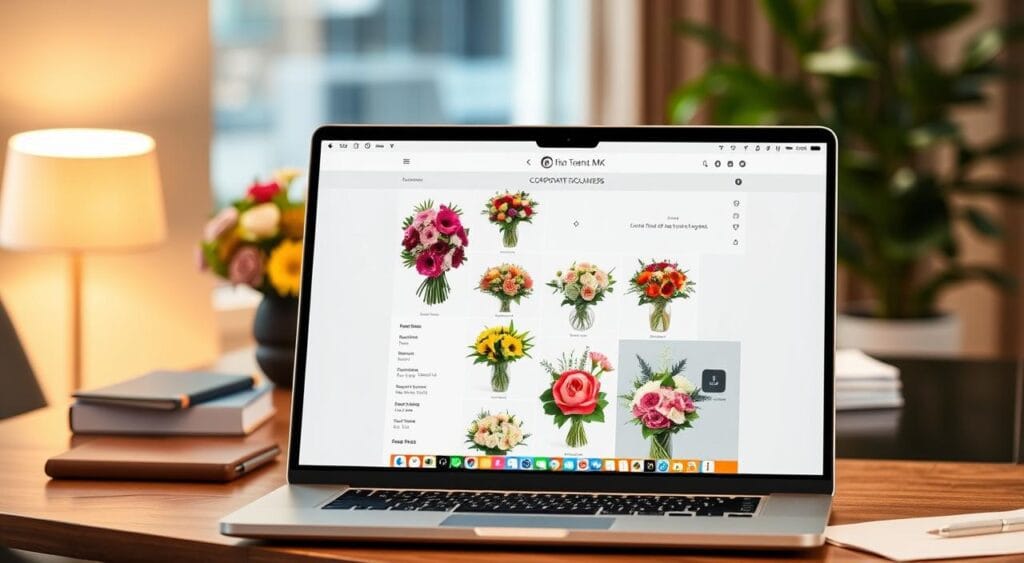 bergamotte.fr - Services personnalisés pour entreprises 5 A well-lit, high-resolution image of a sophisticated online flower ordering process for a corporate client. In the foreground, a laptop display shows a clean, user-friendly interface with a selection of lush, vibrant bouquets. On the middle plane, a neatly organized desk with elegant stationery and a potted plant conveys an atmosphere of professionalism and attention to detail. The background features a soft, blurred office environment, with warm lighting and hints of greenery to create a calming, natural ambiance. The overall composition emphasizes the seamless, personalized nature of the online ordering experience for enterprise customers.