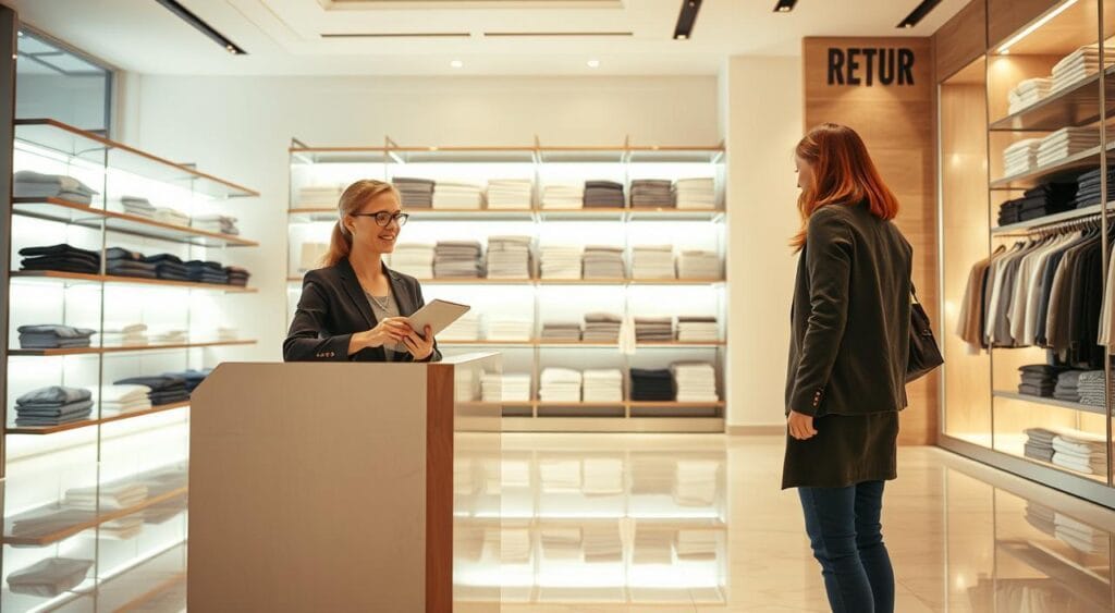L'incroyable : Ce que notre expérience passée nous a appris 3 A well-lit showroom showcasing the store's product return policy. In the foreground, a friendly customer service representative assists a customer in navigating the returns process, while in the background, organized shelves display neatly folded merchandise ready for restocking. Soft, warm lighting casts a welcoming ambiance, and the smooth marble floor reflects the scene, creating a sense of professionalism and attention to detail. The scene conveys an efficient, customer-centric approach to after-sales service, reinforcing the store's commitment to providing a seamless shopping experience.