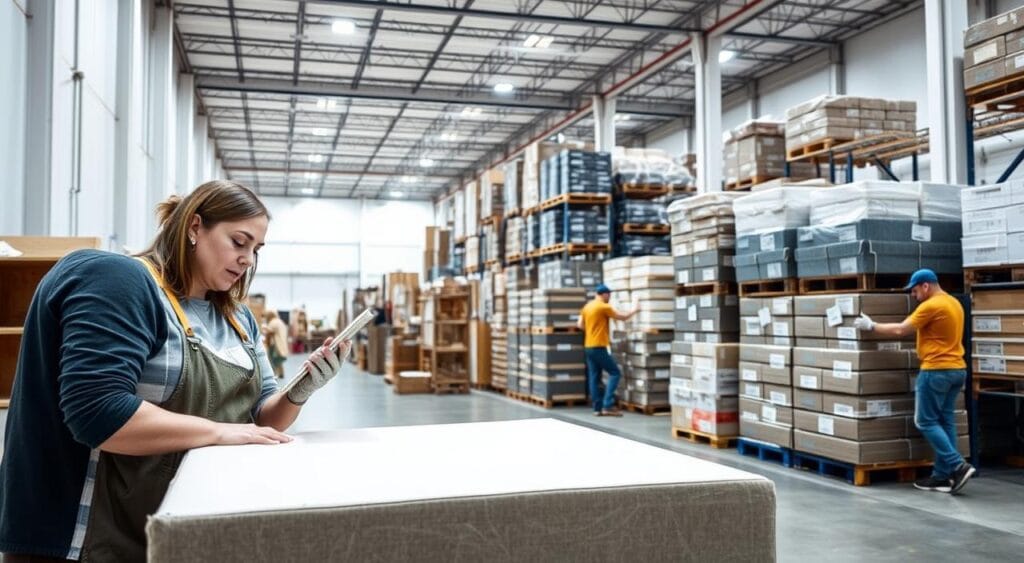 Homary : Votre partenaire pour des services complets 3 A well-organized warehouse showcasing the furniture return process. In the foreground, a customer service representative assists a customer in handling a returned item, examining it closely. The middle ground features neatly stacked and organized returned furniture, with efficient labeling and categorization. In the background, logistics personnel carefully inspect, refurbish, and prepare the items for resale. The lighting is bright and diffuse, highlighting the orderly and professional atmosphere. The overall composition conveys a sense of Homary's commitment to seamless and transparent furniture returns, emphasizing their dedication to customer satisfaction.