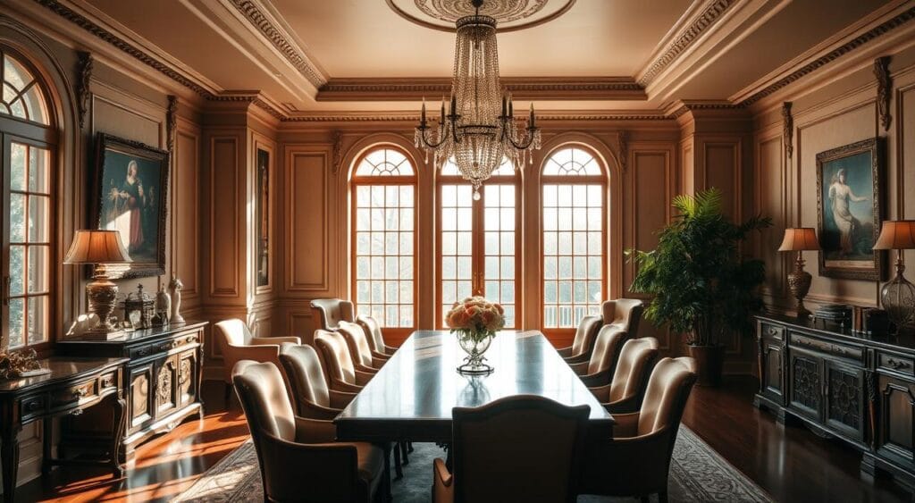 Sklum : Notre Sélection des Meilleurs Produits pour Vous 3 An elegant dining room with warm wooden furniture, sunlight streaming through large windows, creating a cozy and sophisticated ambiance. The room features a long wooden dining table surrounded by plush upholstered chairs, complemented by a stunning chandelier overhead. Intricate moldings and classic artwork adorn the walls, while a lush houseplant in the corner adds a touch of natural elegance. The overall atmosphere is one of refined comfort and timeless style, perfectly suited for an article showcasing Sklum's selection of high-quality home furnishings.