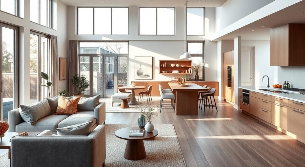 Becquet : notre sélection de produits pour la maison et le bien-être 4 Elegant and inviting interior showcasing a harmonious blend of Becquet's stylish furniture and decor for the living room and kitchen. A warm, modern living space with large windows bathed in natural light, plush seating, and a well-appointed kitchen island with sleek, minimalist cabinetry. Soft neutral tones, natural wood accents, and tasteful pops of color create a serene, cohesive ambiance. Thoughtfully curated accessories and plants add organic touches, while careful lighting, both ambient and task-oriented, imbues the scene with a cozy, refined atmosphere.