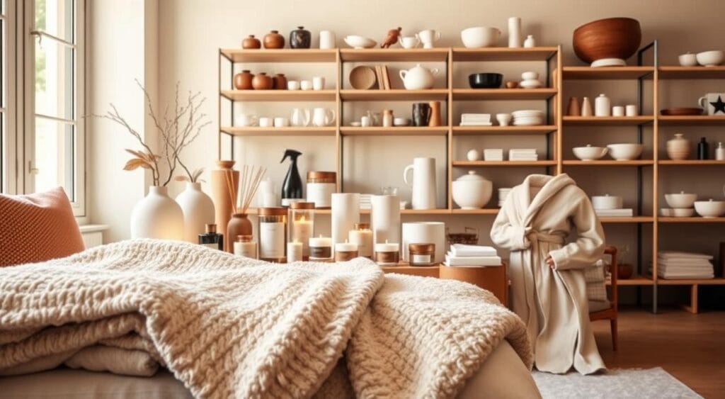 Becquet : notre sélection de produits pour la maison et le bien-être 3 Showcasing Becquet's Flagship Products: A Vivid Visual Exploration A stylish arrangement of Becquet's signature home and wellness items, captured in warm, natural lighting. In the foreground, a plush throw blanket, soft towels, and a luxurious bathrobe beckon, inviting the viewer to experience Becquet's commitment to comfort and relaxation. The middle ground features an array of elegantly designed candles, diffusers, and other soothing accents, hinting at Becquet's holistic approach to well-being. In the background, neatly organized shelves display Becquet's meticulously crafted kitchenware, décor pieces, and other household essentials, reflecting the brand's dedication to quality and versatility. The overall scene exudes a sense of warmth, refinement, and attention to detail, capturing the essence of Becquet's celebrated product lineup.