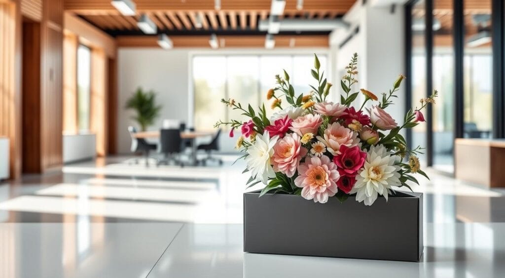 bergamotte.fr - Services personnalisés pour entreprises 4 a detailed floral subscription box for a modern corporate setting, featuring an elegant arrangement of fresh seasonal blooms in a sleek minimalist container, against a backdrop of a bright, airy office space with clean lines, wood accents, and natural light streaming in through large windows, creating a serene and sophisticated atmosphere that reflects the professionalism and attention to detail of a high-end business service