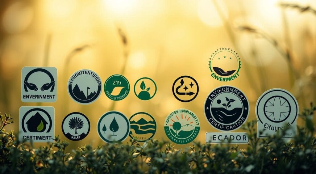 bakker.com : Produits innovants pour vous 3 A clean, uncluttered arrangement of various environmental certification labels against a warm, natural backdrop. The labels are prominently displayed, showcasing their symbols, colors, and typography in high detail. The lighting is soft and diffused, creating a sense of tranquility and sustainability. The composition is balanced, with the labels occupying the central focus, surrounded by minimal yet impactful elements like subtle textures or muted greenery. The overall mood evokes a feeling of reliability, trustworthiness, and eco-conscious commitment.