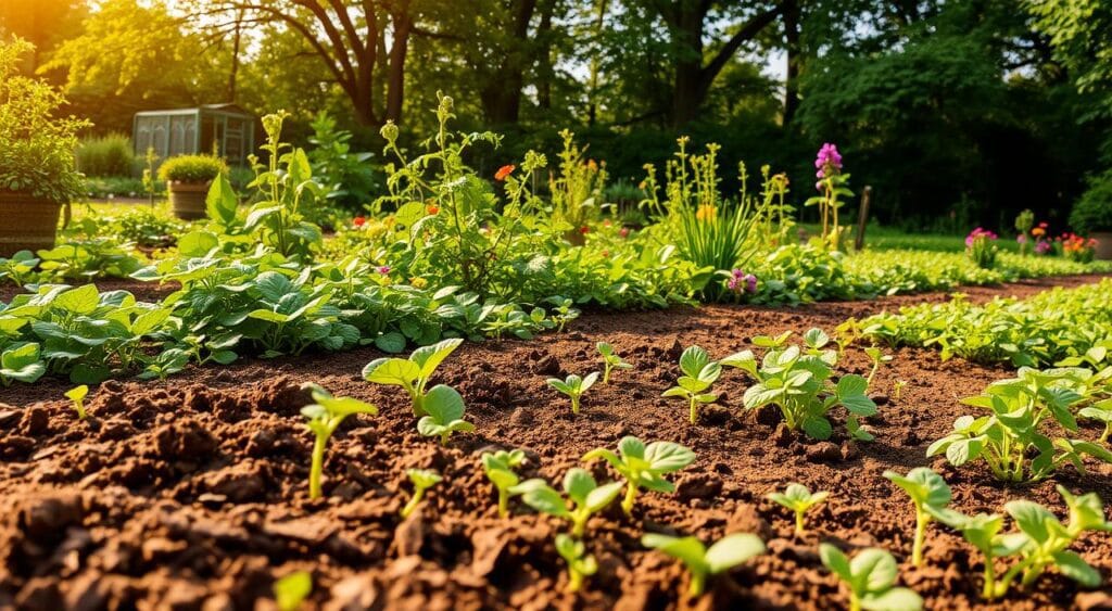 bakker.com : Produits innovants pour vous 5 A lush, verdant garden filled with thriving plants in varying shades of green. In the foreground, a close-up view of soil-rich earth, dotted with tiny sprouts and delicate seedlings pushing up through the loamy surface. The middle ground showcases a variety of healthy, well-tended plants - leafy vegetables, vibrant flowers, and sturdy shrubs - arranged in an aesthetically pleasing layout. Warm, natural lighting filters through the canopy of towering trees in the background, casting a soft, golden glow over the entire scene. The overall atmosphere evokes a sense of tranquility, growth, and the rewarding effort of careful gardening.