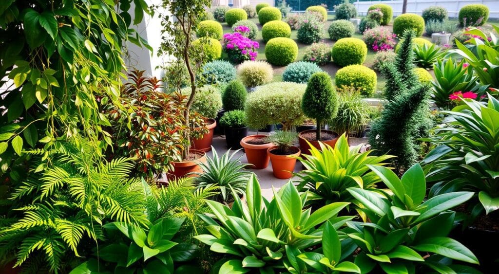 bakker.com : Produits innovants pour vous 4 A lush, vibrant indoor and outdoor plant display, captured in a warm, natural light. In the foreground, a mix of leafy houseplants, including lush ferns, trailing vines, and sculptural succulents, arranged harmoniously. The middle ground showcases a selection of potted shrubs and small trees, their verdant foliage creating a sense of depth. In the background, a beautifully landscaped outdoor garden, with a diverse array of flowering plants and shrubs, creating a cohesive and visually appealing scene. The overall composition conveys a sense of tranquility, and the attention to detail and thoughtful arrangement of the plants suggests a curated, trend-setting display.